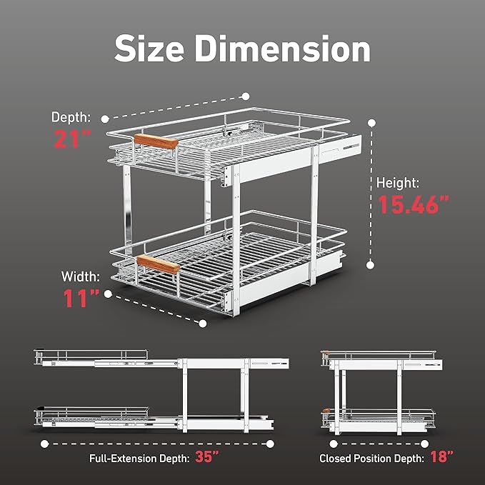 Pull Out Cabinet Organizer, 2 Tier Wire Basket Slide Out Shelf Storage - Image 4