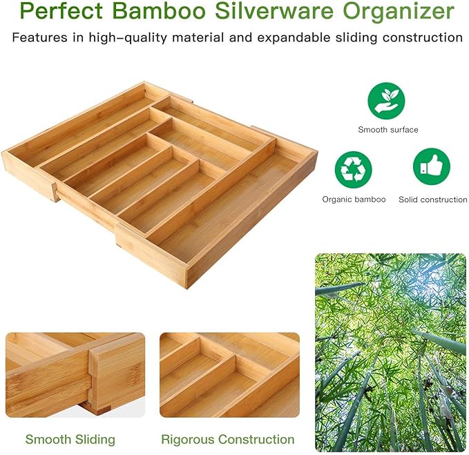 Pipishell Bamboo Silverware Organizer, Expandable Cutlery Tray, Utensil Drawer - Image 4