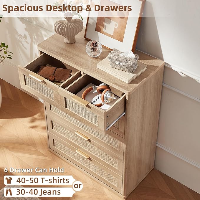 LEYAOYAO Rattan Dresser for Bedroom, Modern 6 Drawers Boho Dressers - Image 5