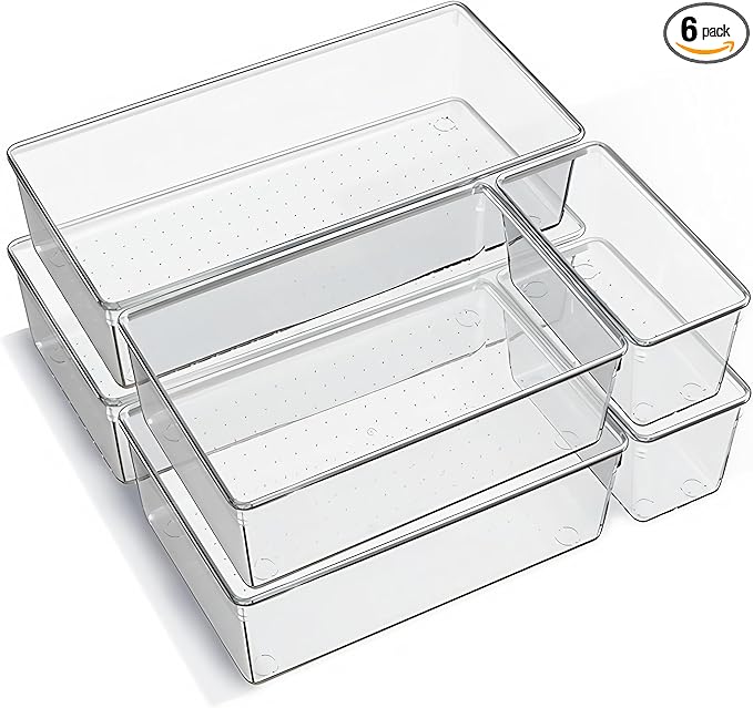 6 Pack Large Clear Plastic Drawer Organizer Trays – Non-Slip Storage Bins by Unknown