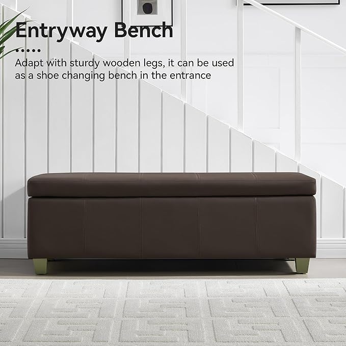 51" Faux Leather Storage Ottoman, Stitch Tufted Rectangle Upholstered End of - Image 6