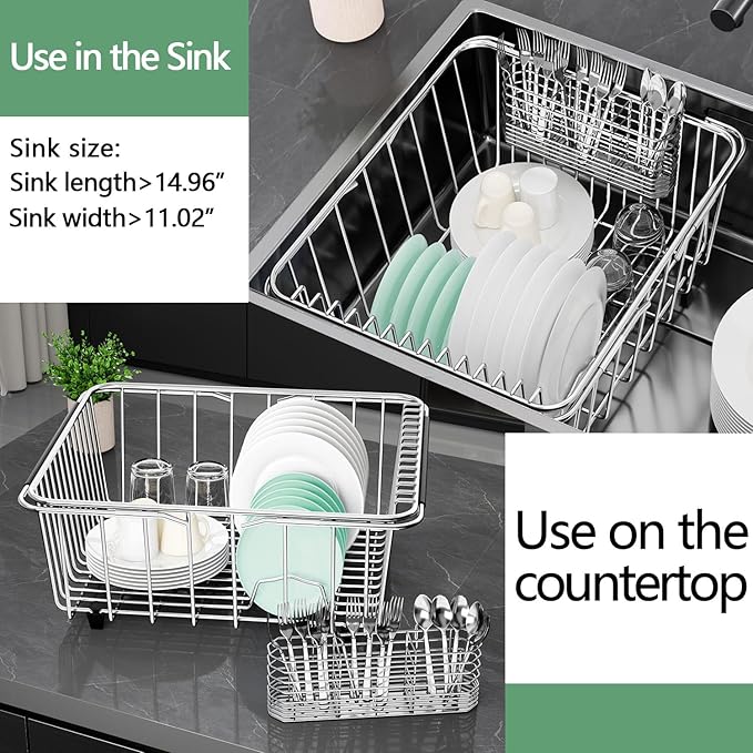 Large Sink Dish Drying Rack, Expandable 304 Stainless Steel Metal Dish Drainer - Image 5