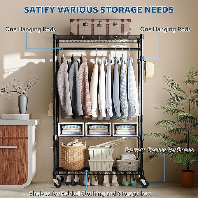 Heavy Duty Rolling Garment Rack 3 Tiers Adjustable Wire Shelving Clothes Rack - Image 4