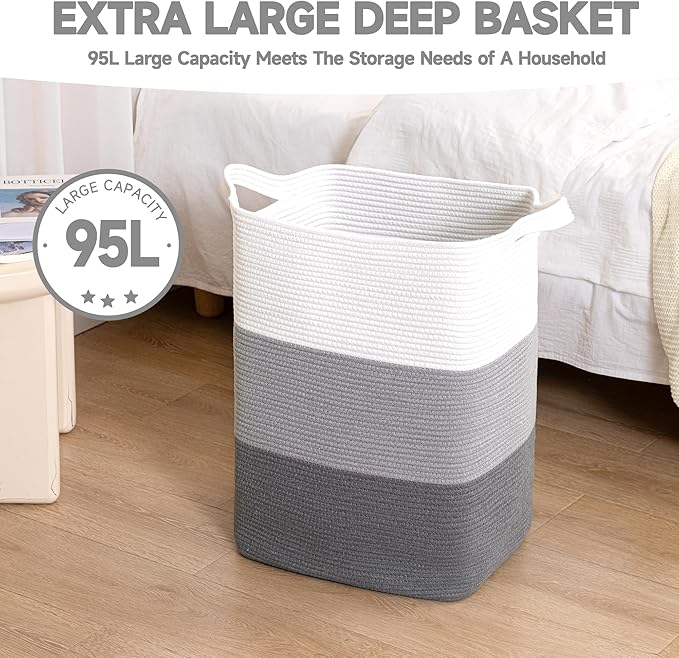 CLHMILY&Z 95L Laundry Basket Rectangular Grey Rope - Image 4