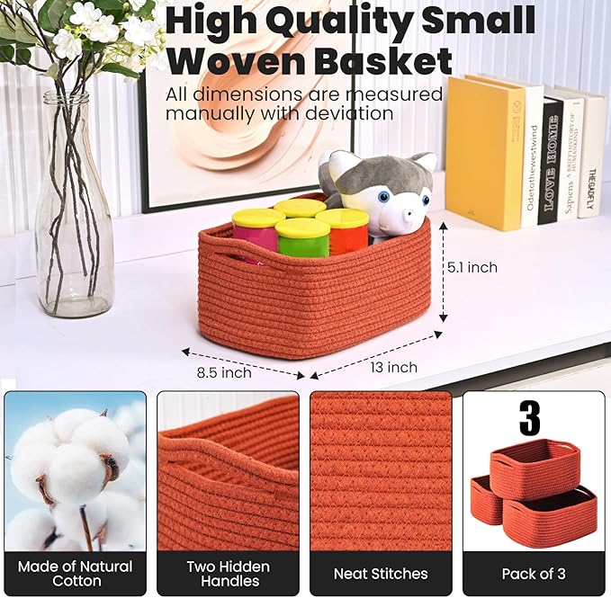 Small Red Woven Baskets for Organizing, Basket for Gifts Empty, Cotton Rope - Image 3