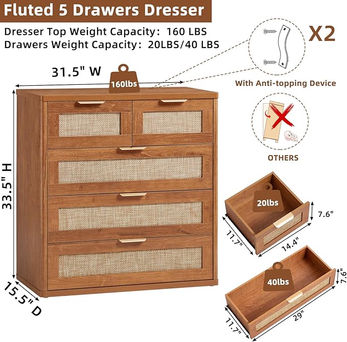 LEYAOYAO Rattan Dresser for Bedroom Set of 2, 33.5" Tall Chest of Drawers - Image 2