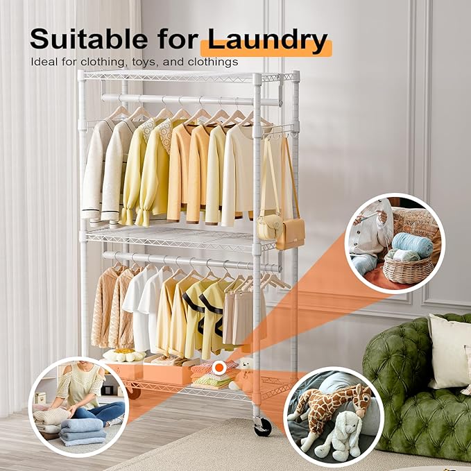 Heavy Duty Rolling Garment Rack 3 Tiers Adjustable Wire Shelving Clothes Rack - Image 5