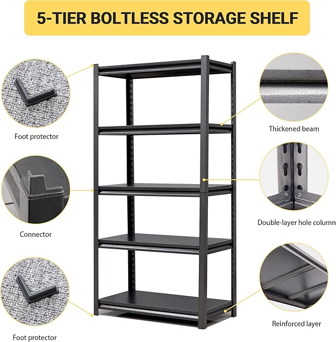 63" H Heavy Duty Garage Shelving, Metal Storage Shelves, Adjustable 5 Tier - Image 4