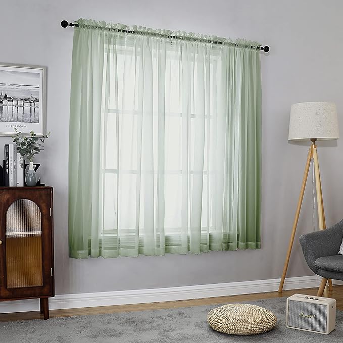 Chyhomenyc Sage Green Sheer Curtains 63 Inch Length 2 Panels, Light Filtering - Image 3