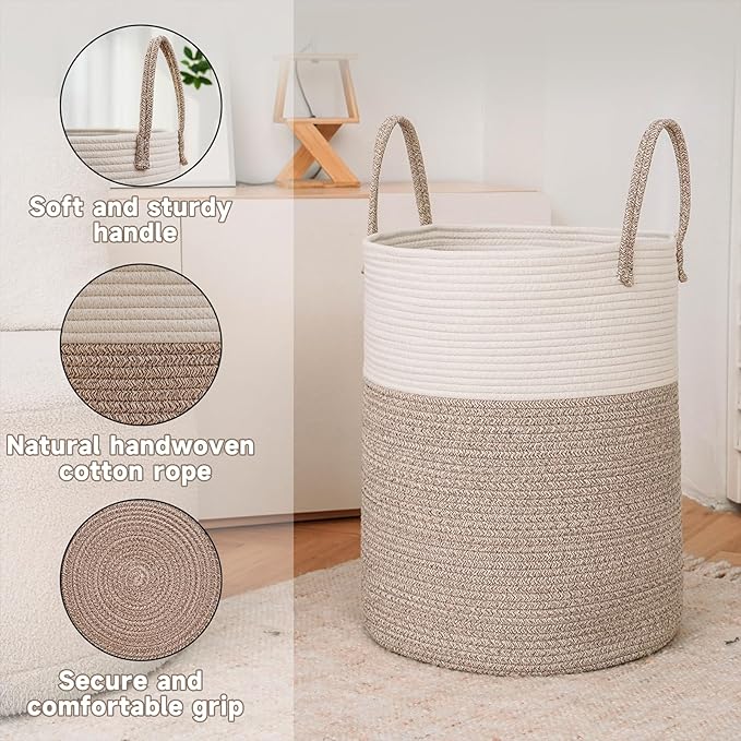 Large Woven Laundry Basket Hamper, 100L Cotton Rope Storage Bin - Image 6