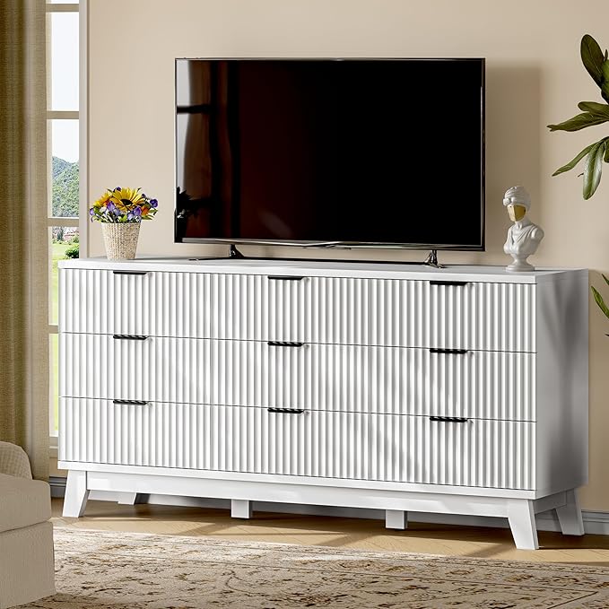 Fluted Dresser with 9 Drawers, Wooden Dresser TV Stand, Wood Closet Clothes - Image 7