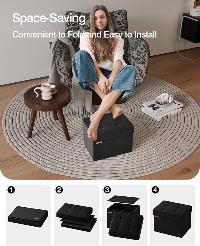 Folding Storage Ottoman, Velvet Storage Bench, Foot Stool, - Image 6