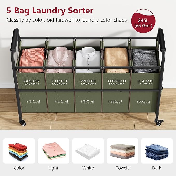 Tajsoon 5 Sections Laundry Sorter, Laundry Hamper - Image 3
