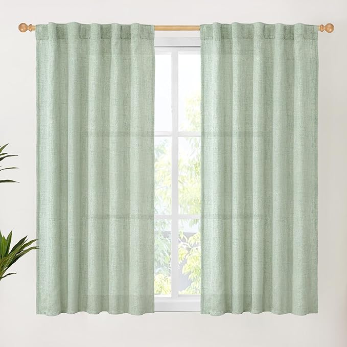 YoungsTex Sage Green Short Linen Curtains 48 Inch Length by YoungsTex