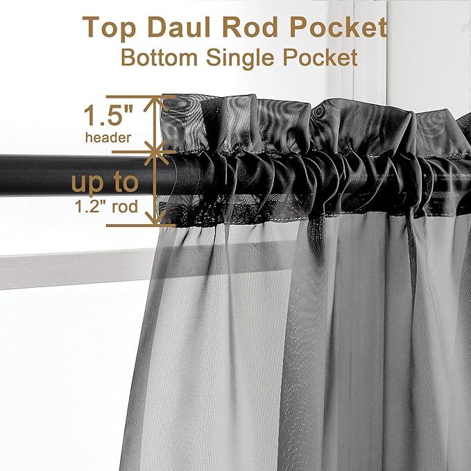 Chyhomenyc Black Sheer Curtains 30 inch Length 2 Panels, Light Filtering Voile - Image 3