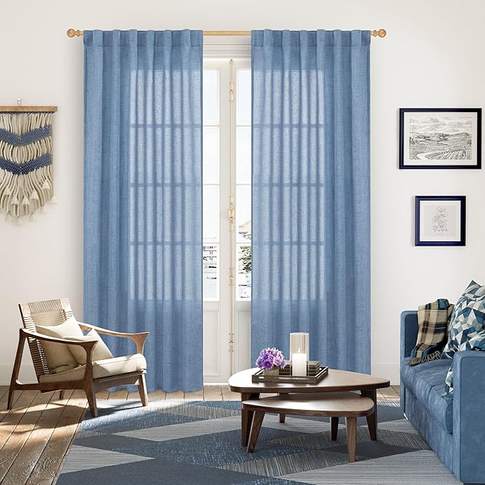 YoungsTex Denim Blue Linen Semi Sheer Curtains 84 Inches Long - Image 2