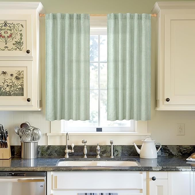 YoungsTex Sage Green Short Linen Curtains 48 Inch Length - Image 2