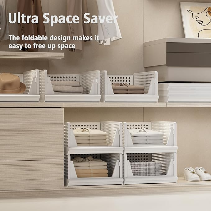 Proarea Stackable Plastic Storage Basket Closet Organizer Bin Foldable Clothes - Image 3