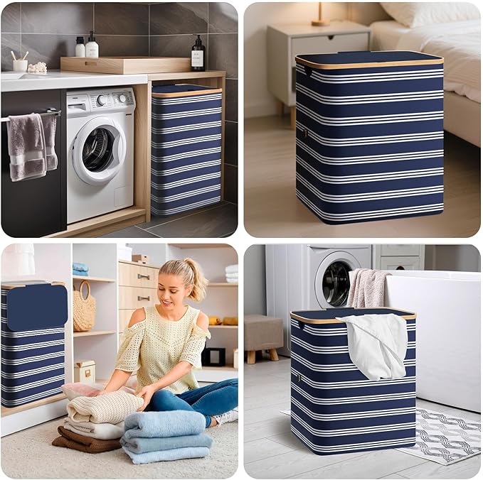 BALEINE Laundry Hamper with Lid, Tall Laundry Baskets with Bamboo Pull Handles - Image 9
