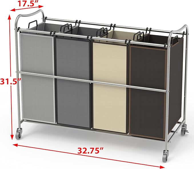 Simple Houseware 4-Bag Heavy Duty Laundry Sorter Rolling Cart - Image 5