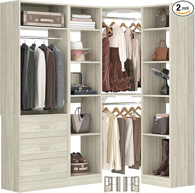 Corner Closet System with 3 Drawers, Corner Closet Organizer System with 13 by Besiost