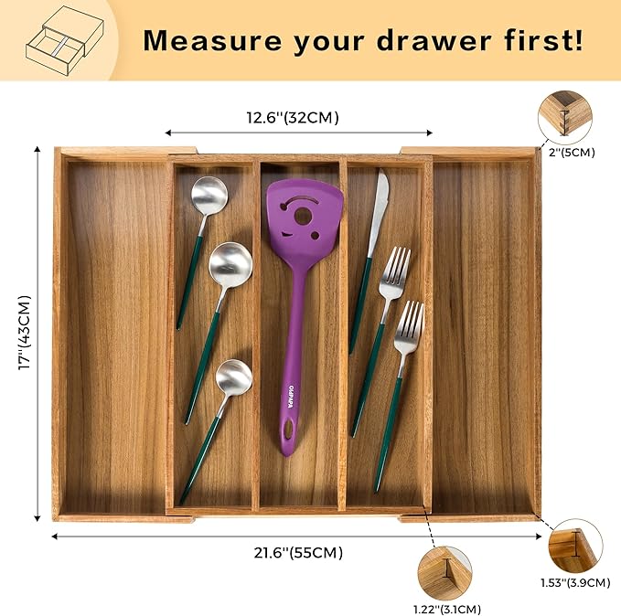 Utoplike Acacia Kitchen Drawer Organizer Expandable, Large Utensils and Cutlery - Image 3