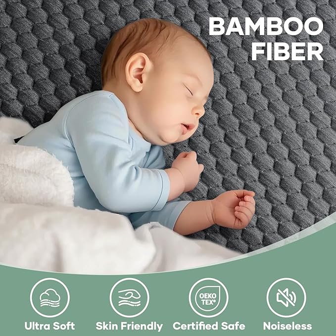OhGeni Waterproof Mattress Protector, Mini Crib-Gray, Fitted Sheet - Image 2