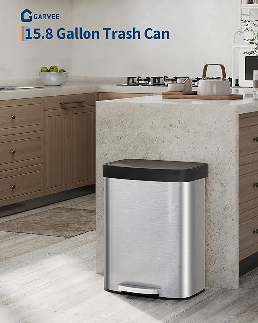 16 Gallon Trash Can, Stainless Steel Kitchen Garbage Can, Recycling or Waste Bin - Image 3