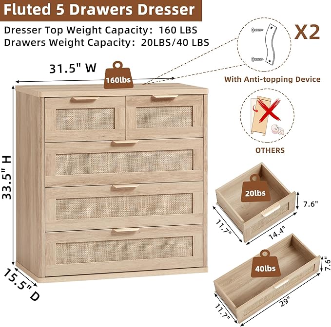 LEYAOYAO Rattan Dresser for Bedroom Set of 2, 33.5" Tall Chest of Drawers - Image 2