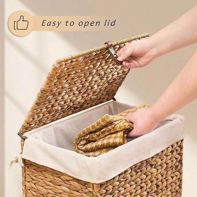Handwoven Laundry Basket with Lid, Natural Water Hyacinth Storage Basket with - Image 4