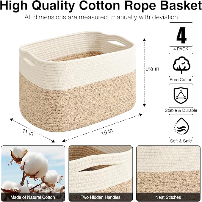 Storage Baskets for Organizing & Shelves, Woven Cotton Rope Organization Bins - Image 3