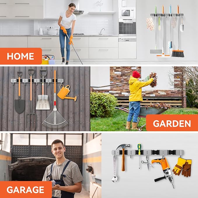 ZONGOOL 4 Racks and 5 Hooks Broom Holder Wall Mount Mop Hanger Wall Mounted Mop - Image 6