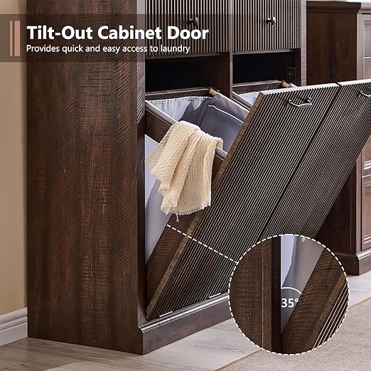 Modern Double Tilt-Out Trash Cabinet, 20 Gallon Fluted Laundry Hamper Cabinet - Image 6