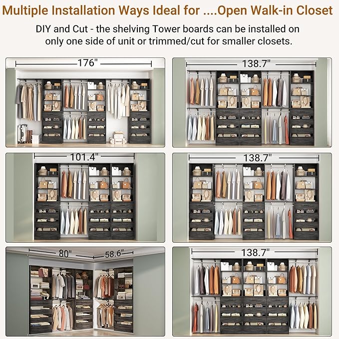 Aheaplus Closet System Set of 3, 138.5" Wood Closet Organizer System Tower - Image 4