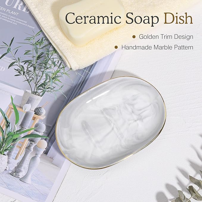 Luxspire Soap Dish Holder, Ceramic Marble Soap Tray Bar Soap Holder - Image 3