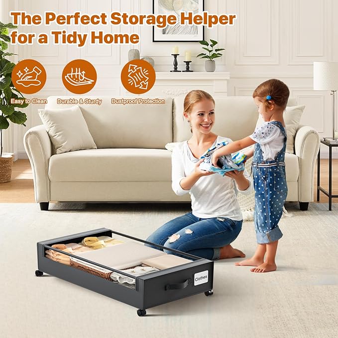 Under Bed Storage with Wheels, XXL 60L Under Bed Storage Containers with Clear - Image 5