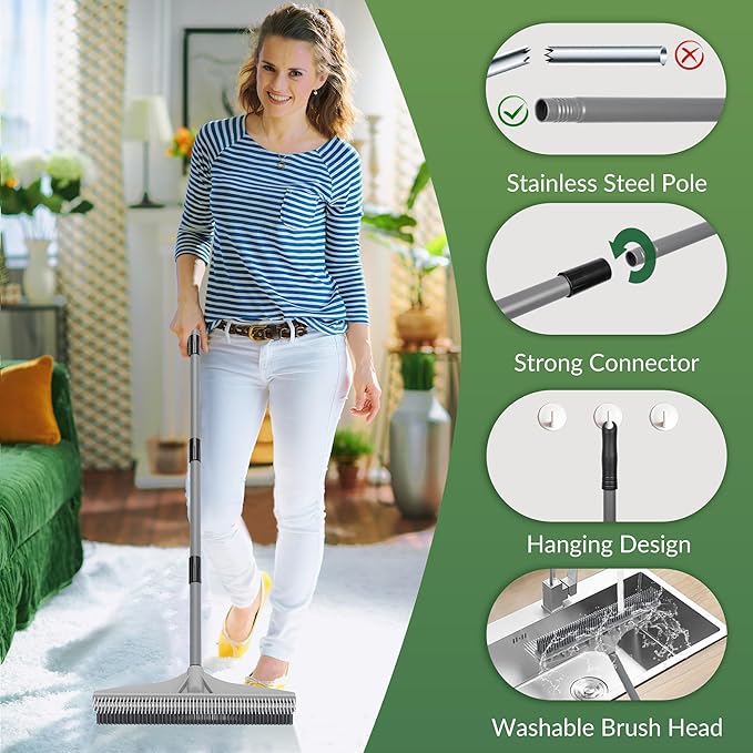 Walensee Carpet Rake for Pet Hair Removal, 2-in-1 Rubber Broom and Nylon Carpet - Image 5