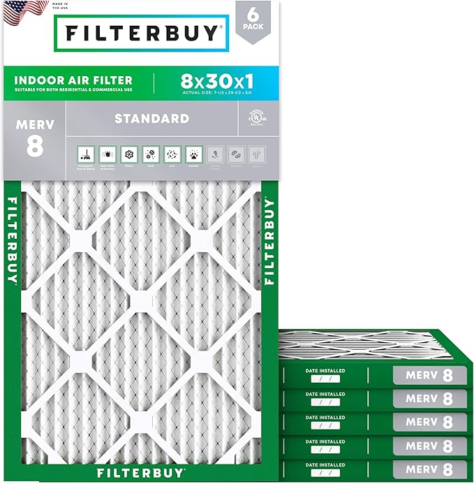 Filterbuy 8x30x1 Air Filter MERV 8 Dust Defense Replacement, Electrostatic by Filterbuy