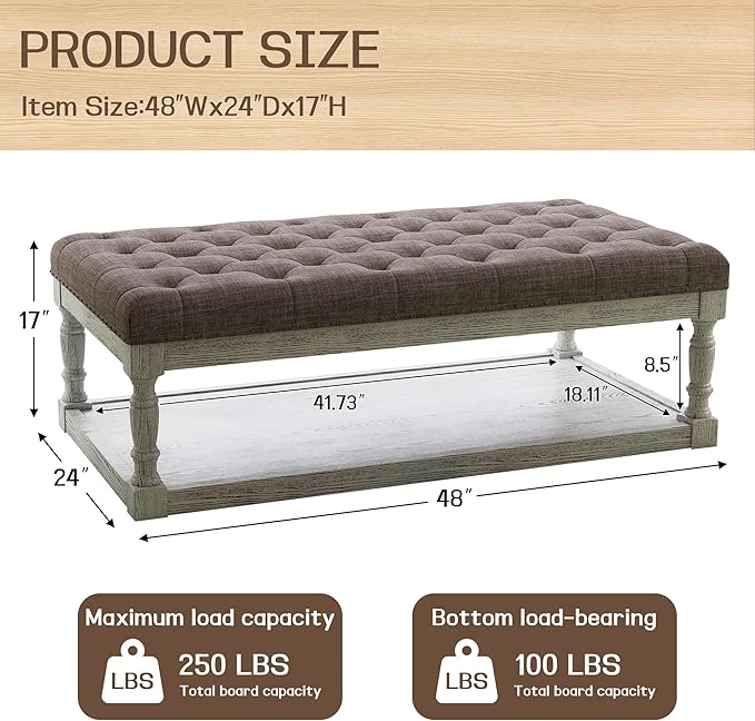 48" Large Ottoman with Storage Coffee Table, Upholstered Tufted Linen Ottoman - Image 2