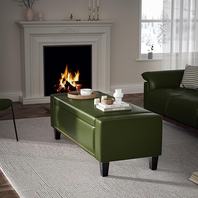48.8" Storage Ottoman Bench Green | Faux Leather Bedroom Bench - Image 7