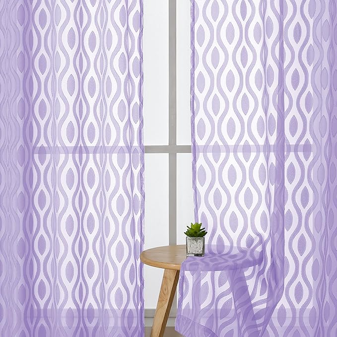 Aiyufeng Light Purple Valances for Windows, Chic Wavy Line Clip Jacquard Voile - Image 3