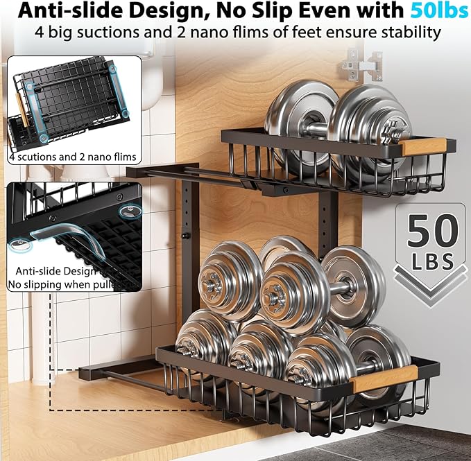 Under Sink Organizer Storage 1 pack, 2 Tier Slide Out Height Adjustable Pull - Image 6