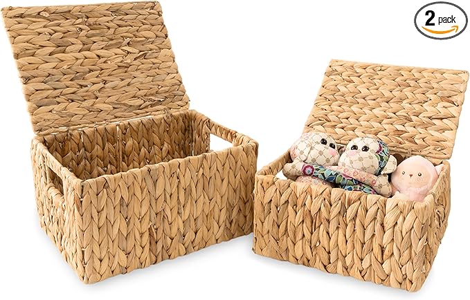 Wicker Storage Baskets with Lid, Set 2 Basket With Lid Decorative Storage by KOLWOVEN
