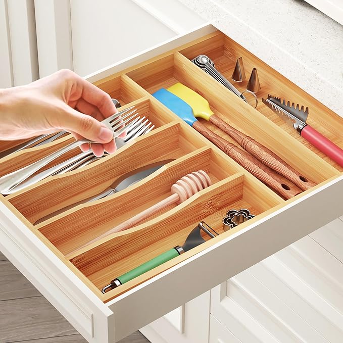 BAMEOS Bamboo Silverware Drawer Organizers, 11.9 inch Utensil Drawer Organizer - Image 6