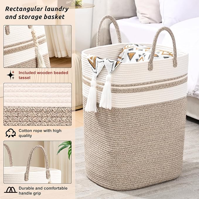 Woven Laundry Basket for Clothes, 65L Large Rectangle Laundry Hampers, Nursery - Image 3