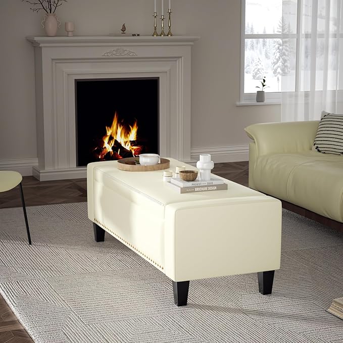48.8" Storage Ottoman Bench Cream White | Faux Leather Bedroom Bench - Image 7