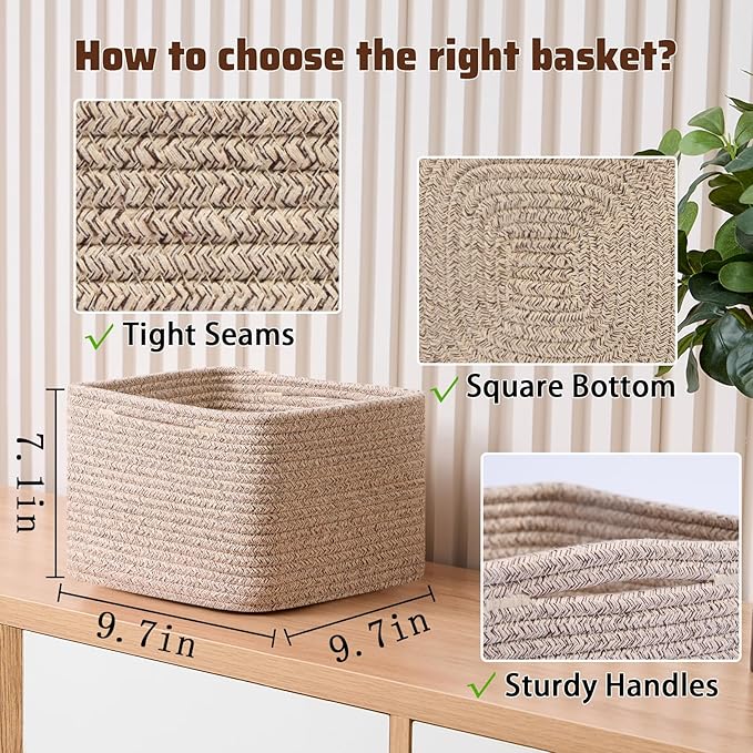 Small Organizing Baskets for Cubes Shelf, 9.7x9.7x7.1 Inch Rope Woven Storage - Image 2