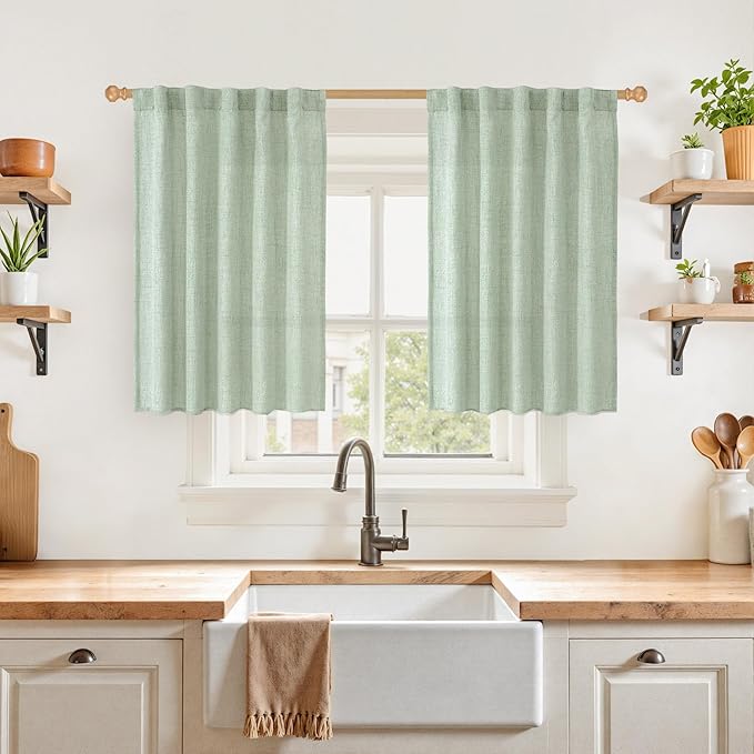 YoungsTex Sage Green Linen Cafe Curtains 36 Inch Length, Short Drapes Light by YoungsTex