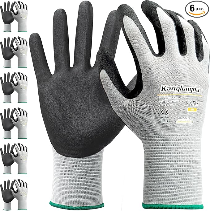 6-Paris Small Work Gloves for Men and Women, Nitrile Coated Safety Protective by KEBADA