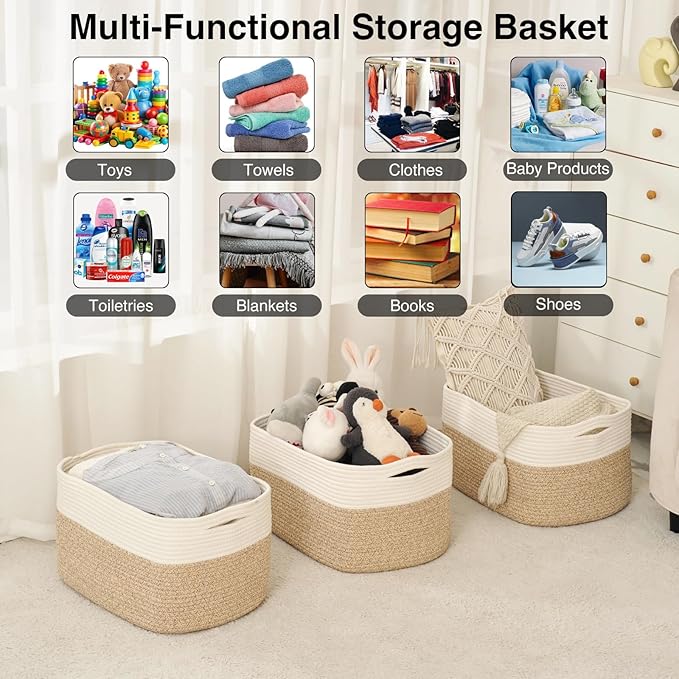 Large Storage Baskets for Organizing Shelves, Woven Cotton Rope Bins for Baby - Image 4